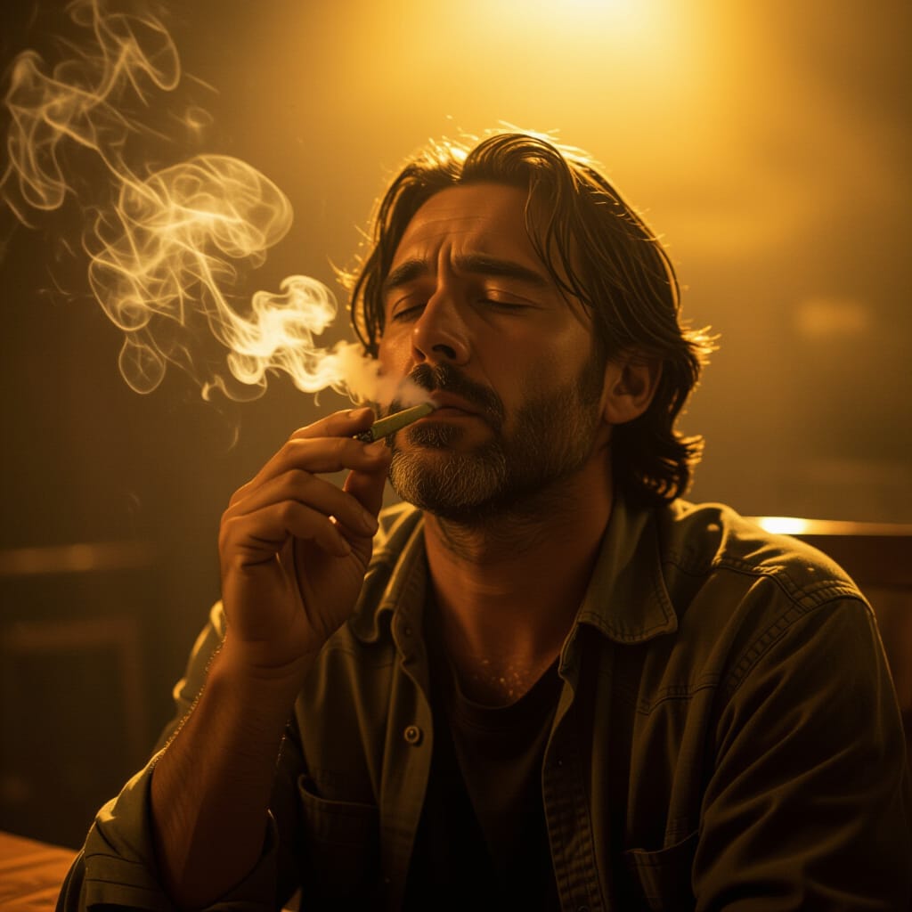 A real-life person, stressed in everyday life, smokes a cannabis joint to release stress.